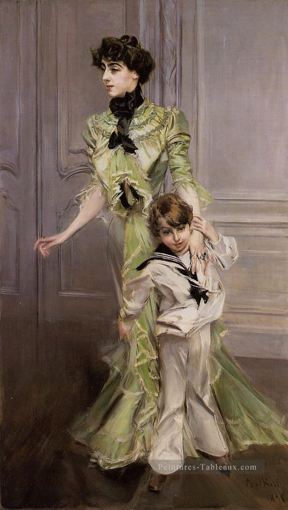 Portrait de Madame Georges Hugo née Pauleen Menard Dozian et Son Fils Jean genre Giovanni Boldini Peintures à l'huile